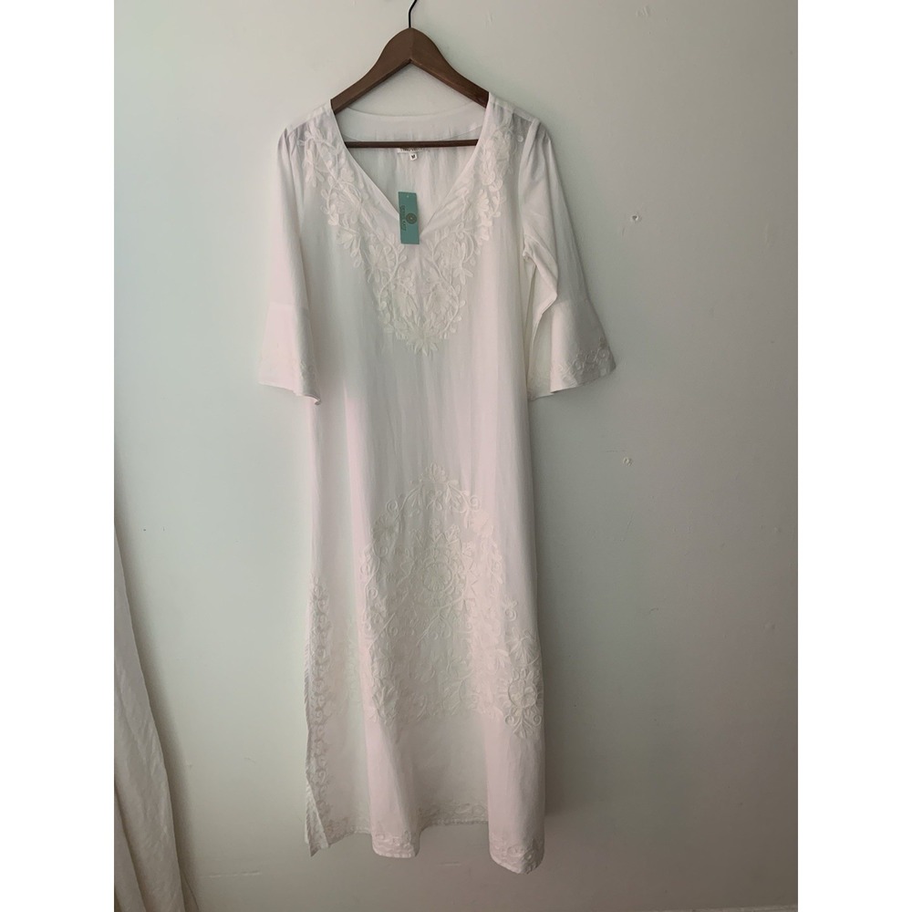 NWT Debbie Katz Taliah Maxi Dress M White Embroidered 100% Cotton Coverup